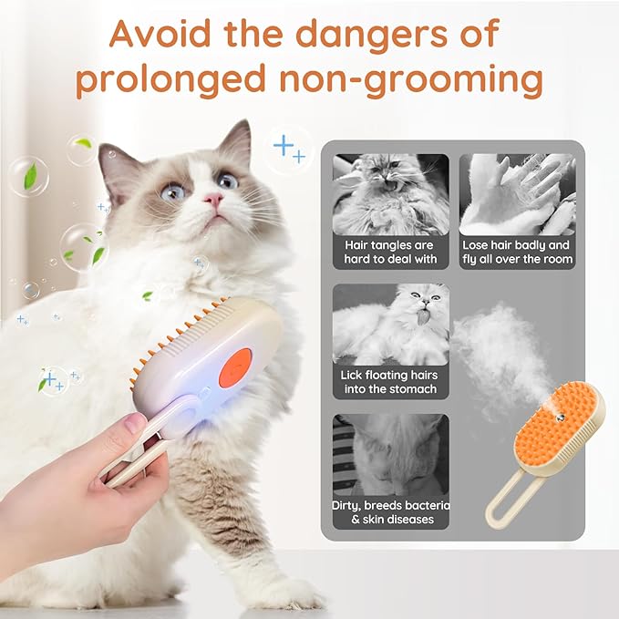 GKZ Cat Steam Brush, 3 in 1 Pet Comb for Massage, Cleaning, Shedding and Combing, Electric Mist to Prevent Flyaways for Home, Dogs and Cat Lovers - Khaki-Mewly Pet