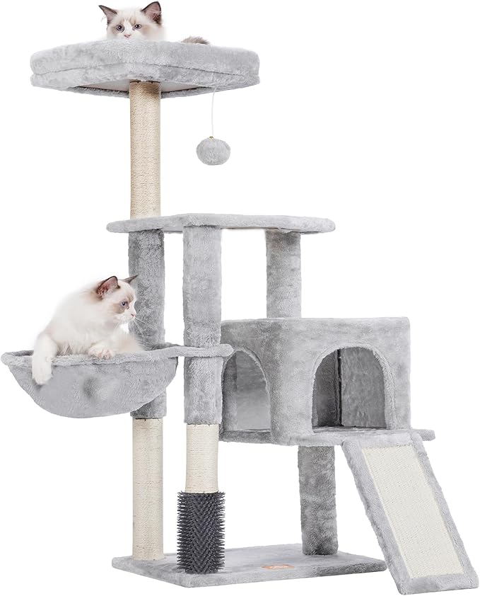 Heybly Cat Tree with Cat Self Groomer Brush, Cat Tower Condo for Indoor Cats with Padded Plush Perch, Cat House with Basket Scratching Board Post, Light Gray HCT005SW-Mewly Pet