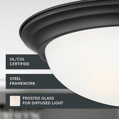 DESIGNERS FOUNTAIN Reedley 2-Lights Flush Mount Ceiling Light, 13 Inch Lighting Fixture for Kitchen, Bedroom, Bathroom, and Hallway, Matte Black with Etched Glass, 1257M-MB-W