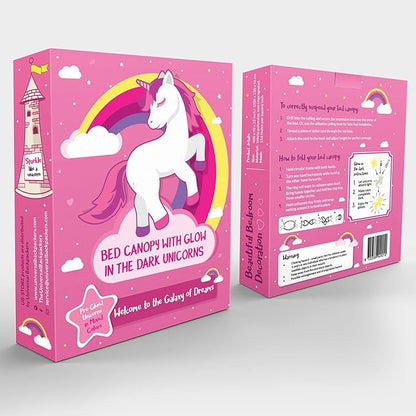 Pink Canopy for Girls Bed with Pre-Glued Glow in The Dark Unicorns - Princess Mosquito Net Room Decor - Kids & Baby Bedroom Tent with Galaxy Lights - 1 Opening Canopy Bed & Hanging Kit Included