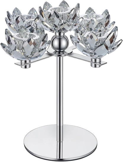 Crystal Candle Holders Lotus Candelabras Silver Arch Candlestick, Centerpiece Table, Home Hecor for Wedding, Dinning Room, Coffee Table, Kitchen, Living Room, Entryway (5 Arms, Taper Candle)