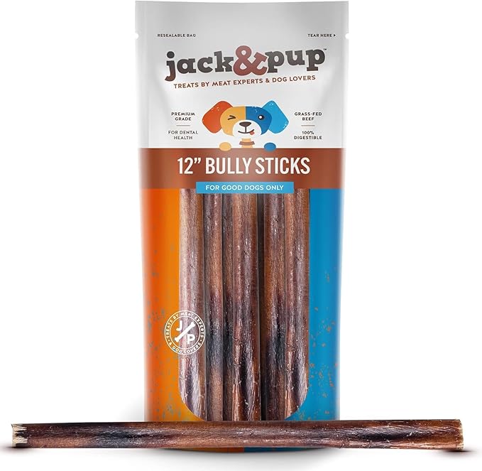 Jack&Pup 12 Inch Bully Sticks for Large Dogs | Thick Odor Free Bully Sticks (3 Pack) Long Lasting Bully Sticks for Dogs-Mewly Pet