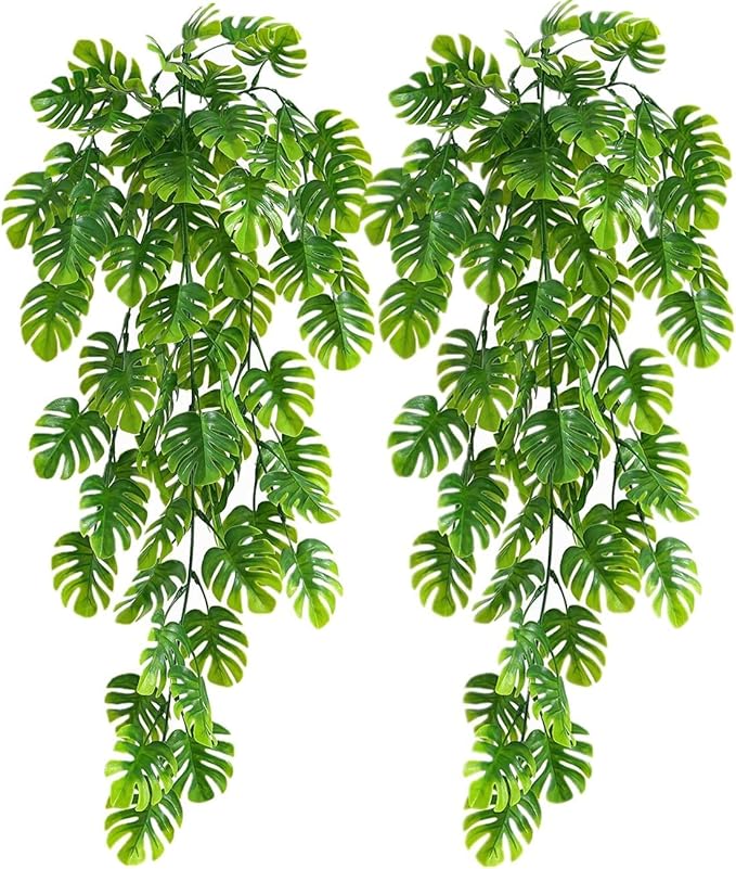 RECUTMS Artificial Hanging Plants 2 Pack, Fake Monstera Leaves Ivy Vine Faux Greenery UV Resistant Outdoor Tropical Palm Leaf Plant for Garden Home Jungle Hawaiian Luau Party Spring Summer Décor