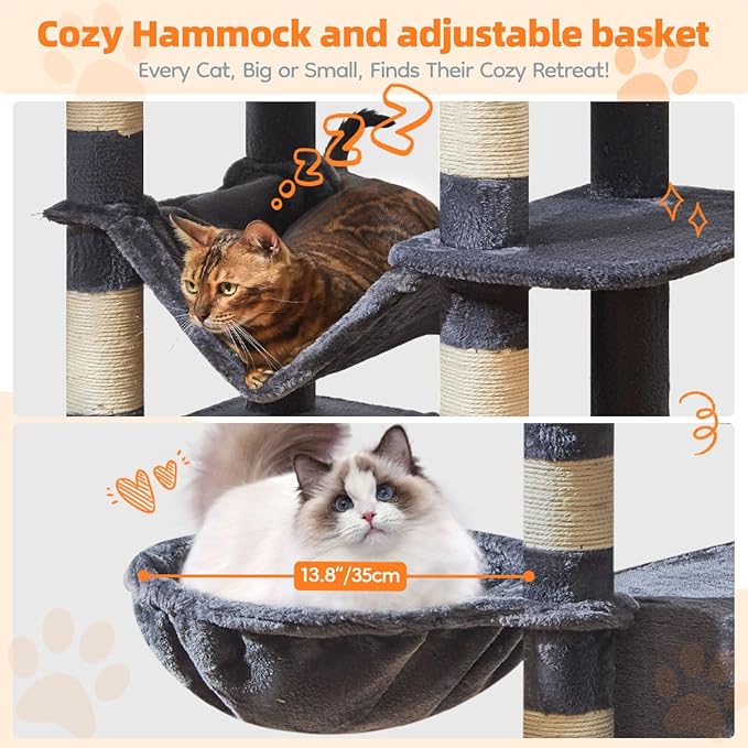Taoqimiao Large Cat Tree，73-Inch Cat Tree Tower with 9 Scratching Posts for Indoor Cats, 2 Large Cat Condo with Hammock, Hanging Basket, 2 Extended Platform, Smoky Gray MS013XLG-Mewly Pet