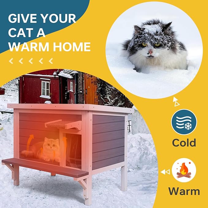 GEGURI Insulated Cat House Outdoor Weatherproof Feral Cat Shelter for Winter Large Wooden Enclosure with Escape Door-Mewly Pet