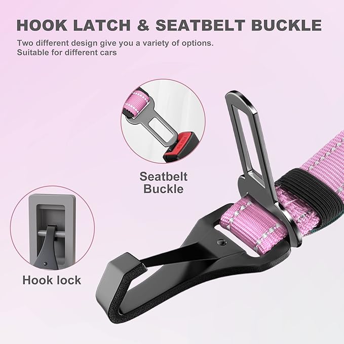 IOKHEIRA Dog Seatbelt - Adjustable Reflective Bungee Harness with Aluminum Swivel Carabiner-Mewly Pet