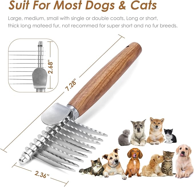 Dog Dematting Comb with Wooden Handle & Detangling Brush - Stainless Steel Undercoat Rake for Long & Thick Haired Dogs & Cats, Professional Grooming Tool for Deshedding and Matted Fur Removal-Mewly Pet