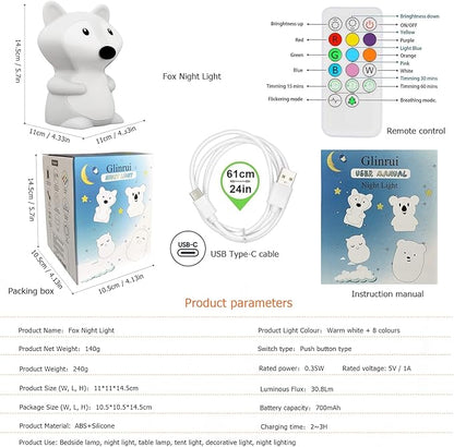 Fox Night Lights Bedside lamp, Bedroom Light for Kids, Baby Nursery lamps - Break Resistant, Eye Caring, Adjustable Brightness & Color and Time Setting, Gifts for Kids Babies Boy Girl - Medium