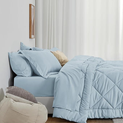 Love's cabin California King Comforter Set Light Blue, 7 Pieces California King Bed in a Bag, All Season Bedding Sets with 1 Comforter, 1 Flat Sheet, 1 Fitted Sheet, 2 Pillowcase and 2 Pillow Sham