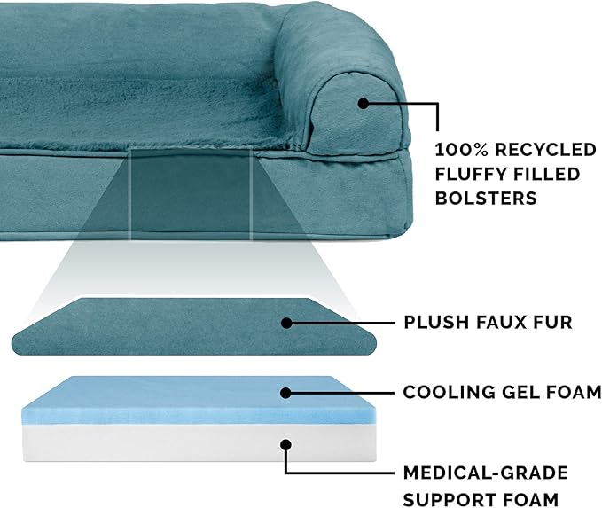Furhaven Cooling Gel Dog Bed for Large Dogs w/ Removable Bolsters & Washable Cover, For Dogs Up to 95 lbs - Plush & Suede Sofa - Deep Pool, Jumbo/XL-Mewly Pet