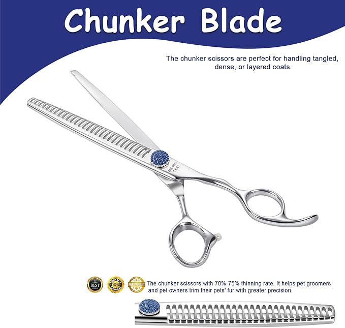 7'' Dog Grooming Scissors CNC 440C Blades Sharp and Durable Polished Chunker Dog Shears with Blue Diamond Adustable Screws Easy to Use for Groomer and Home User-Mewly Pet
