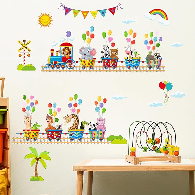 Jungle Animal Wall Stickers Forest Safari Wall Decals Kid Room Nursery Baby Bedroom Décor (Animal Train Balloon)