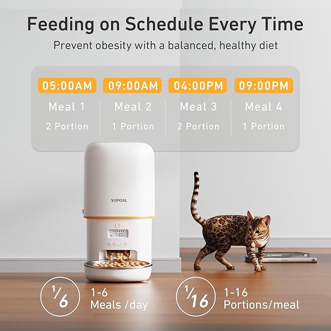 Automatic Cat Feeder - 4L Timed Auto Pet Feeder for Cat and Dog with Dry Food Dispenser, 180-day Battery Life, 1-6 Meals Per Day, 1-16 Portion, Desiccant Bag Keeps Food Fresh-Mewly Pet