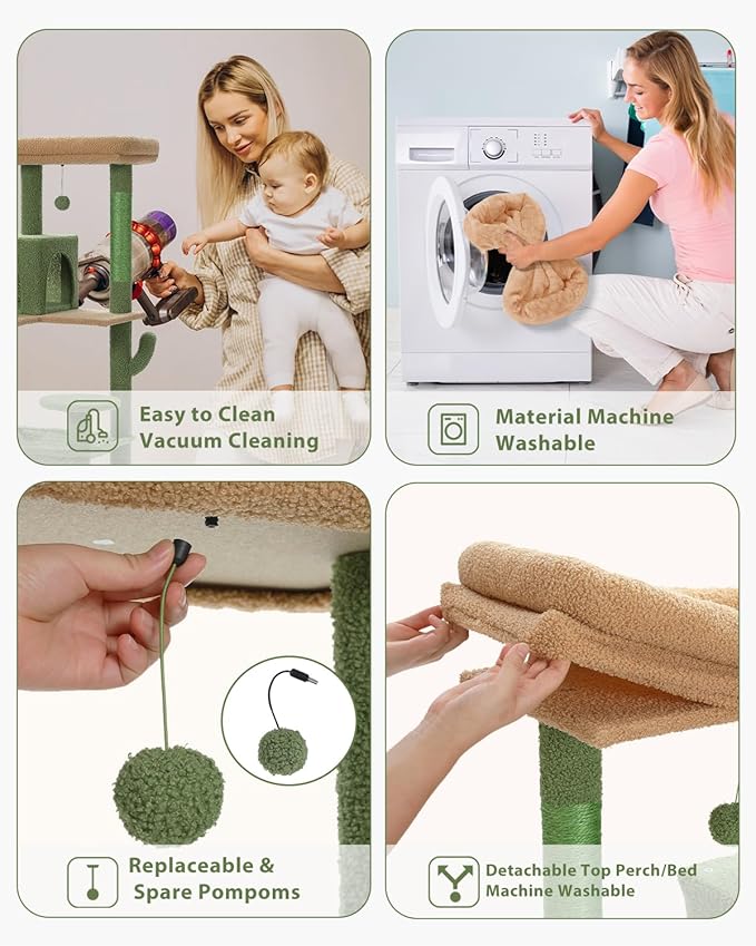 Cactus Cat Tree for Large Cats with Metal Plush Big Hammock, 56.3" Cat Tower for Indoor Cats with 2 Door Condo House, 6-Tier Cat Shelves with Scratching Posts and Large Top Perch,Green-Mewly Pet