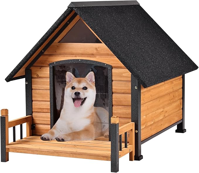 Dog House Outdoor with Anti-Chewing Iron Frame, Weatherproof Dog Kennel with Porch and Raised Feet for Small Medium Large Dogs Indoor (Brown, 45" x 32.9" x 32.6")-Mewly Pet