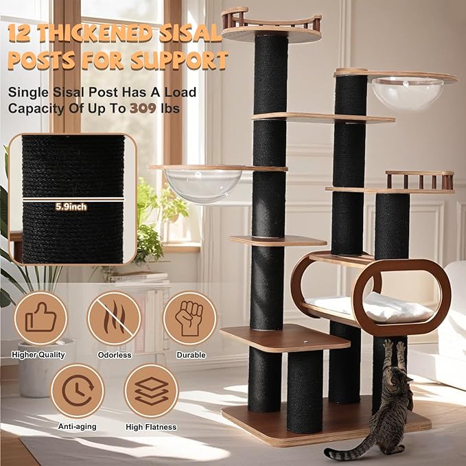 70.8'' Tall Luxury Cat Tree,All i,ne One Black Walnut Wood Modern Cat Tower for Indoor Large,Huge Multi-Level Cat Furniture with Scratching Posts,Condo,Cushion,Clear Bowl,Platform for Home Decoration-Mewly Pet