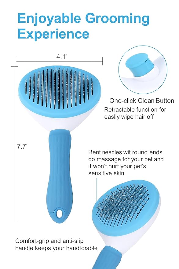 Pet Brush for Cats and Dogs | Self Cleaning Comb for Cats, Dogs, Bunny | Blue Pet Grooming Brush | Massaging Tool Suitable for Pets with Long or Short Hair-Mewly Pet