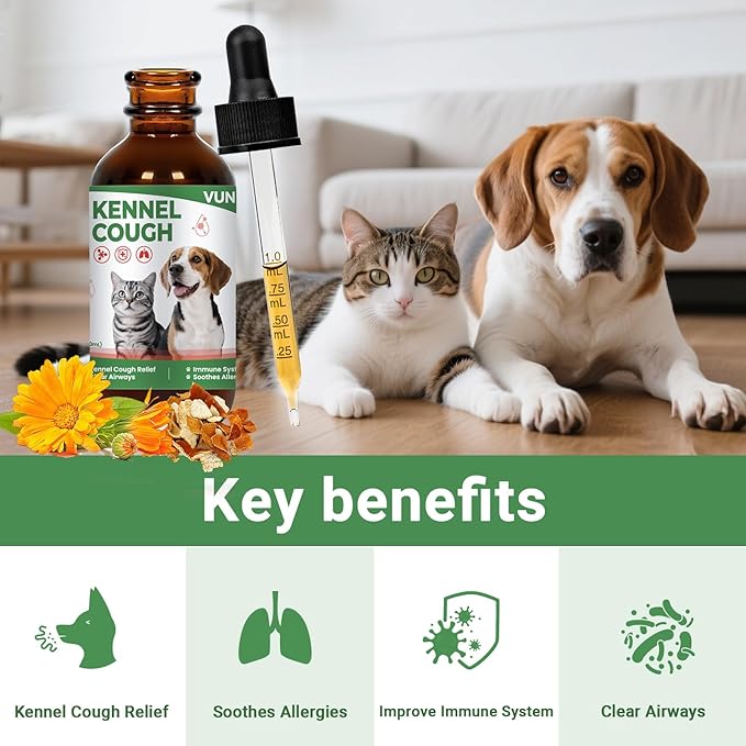 Kennel Cough Treatment Drop for Dogs &Cats,Help Wet and Dry Cough Relief,Seasonal Throat Discomfort, Natural Herbal Cough Liquid with Licorice,Ginger for All Breeds & Sizes,2 fl oz Bacon Flavor-Mewly Pet