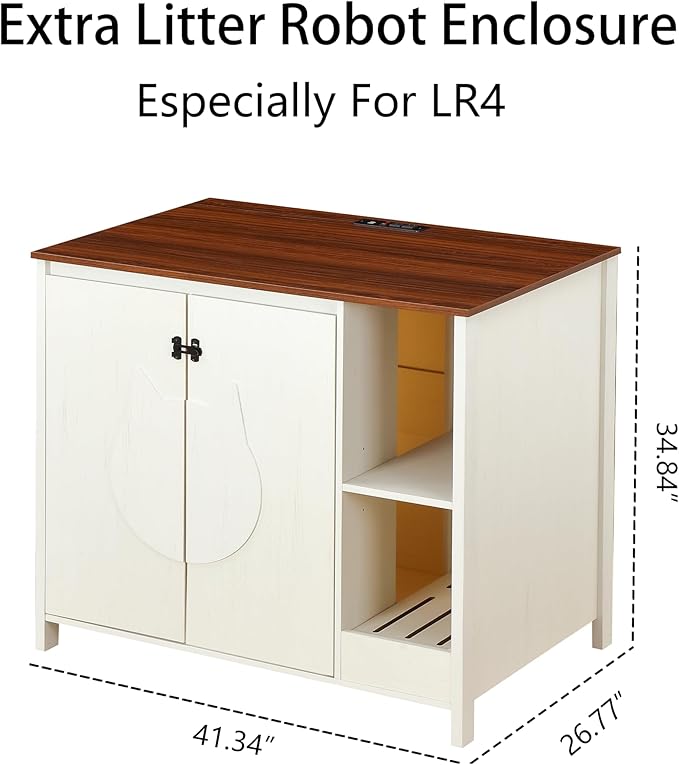 Cat-Faced Doors Cat Litter Robot Enclosure,Automatic Litter Box Enclosure for Litter Robot 3/4,Power Outlet for cat Litter Cabinet,Litter Collector,Dog-Proof Shelf,Antique White-Mewly Pet