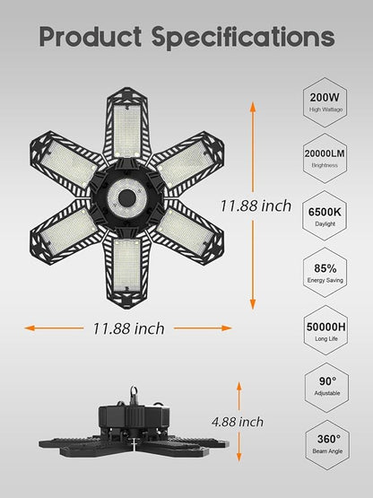 SEOBIOG LED Garage Lights 8 Pack, 200W 20000LM Plug in Linkable LED Shop Light, 6500K Ceiling Light Fixtures with 6+1 Deformable Panels for Garage, Work Bench (Built-in ON/Off Switch)