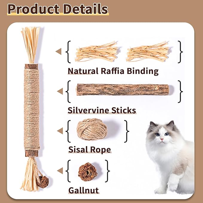 6 Pack Silvervine Cat Chew Toys, Natural Dental Sticks for Indoor Cats, Kittens Teeth Cleaning, Catnip Alternative, Interactive Play, Yellow-Mewly Pet