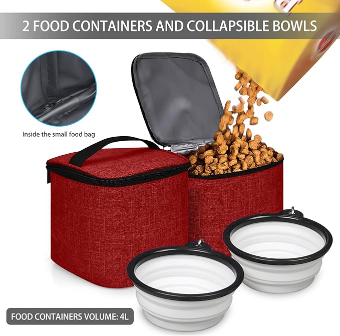 BAGLHER Pet Travel Bag, Double-Layer Pet Supplies Backpack (for All Pet Travel Supplies), Pet Travel Backpack with 2 Silicone Collapsible Bowls and 2 Food Baskets Red-Mewly Pet