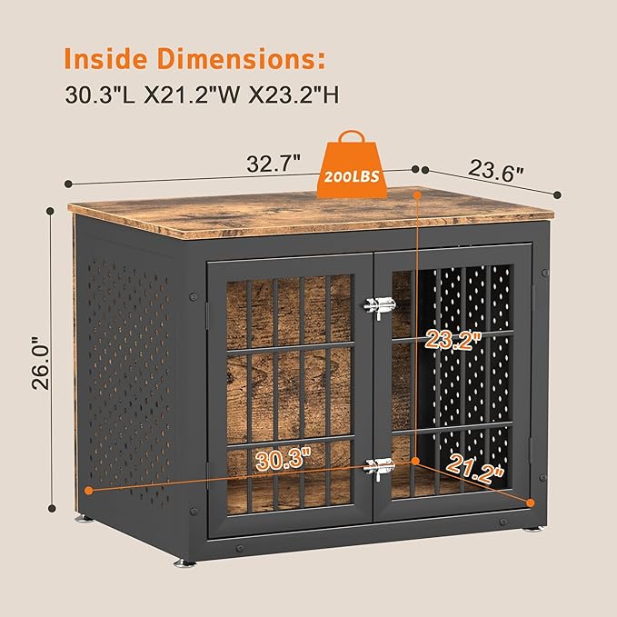 32" Heavy Duty Dog Crate Furniture for Small and Medium Dogs, Metal Kennel for High Anxiety Dogs, Chew Proof Pet Cage Indoor, Decorative Dog Kennel End Table-Mewly Pet