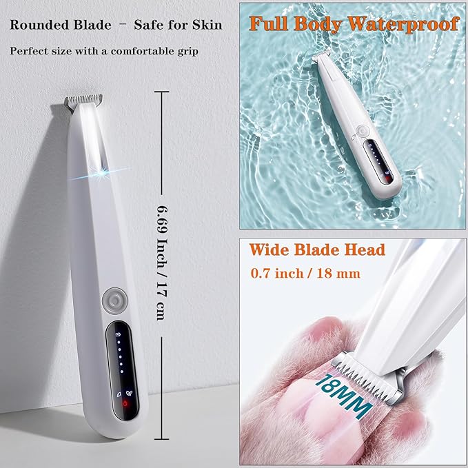 2 Mode Paw Trimmer for Dogs & Cats - Electric Quiet Dog & Cat Grooming Trimmer, Rechargeable Clipper with LED Light, 2 Blades, Waterproof for Paws/Ears/Face-Mewly Pet