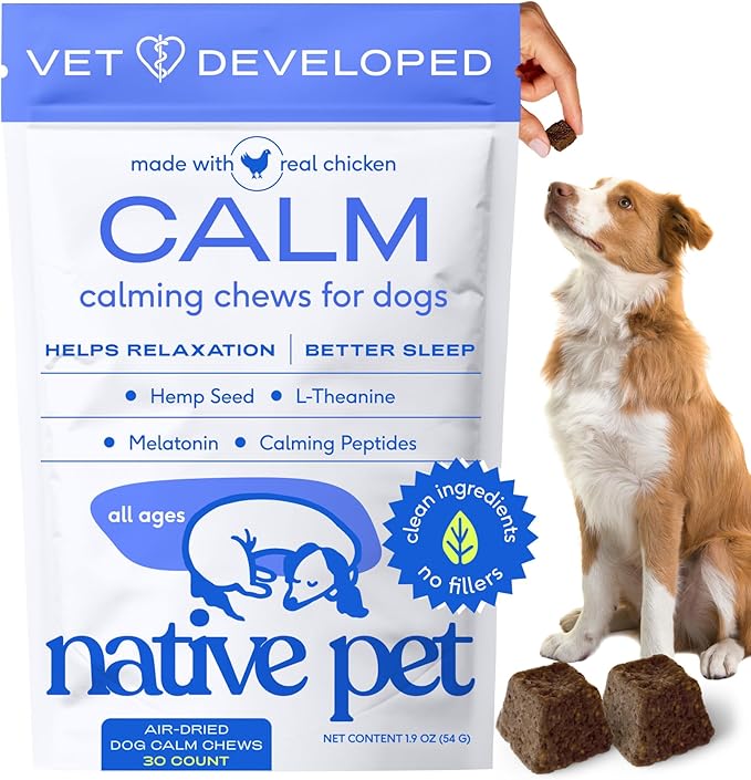 Native Pet Calming Chews for Dogs - Melatonin for Dogs Anxiety Relief - Grain Free All Natural Hemp Calming Treats & L-Theanine Helps Manage Stress & Separation Anxiety - Puppy Sleep Aid - 30 Chews-Mewly Pet