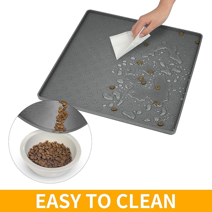 Ptlom Grey Pet Placemat for Dog and Cat, Waterproof Non-Slip Silicone Feeding Bowl Mat Prevent Food and Water Overflow, Puppy Dish Feeder Fountain Trays Suitable for Medium and Small Pets-Mewly Pet