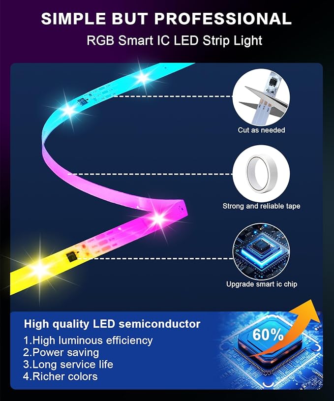 Tenmiro Upgraded Smart IC 100ft LED Lights for Bedroom, Multiple Colors on One Line LED Strip Lights, Bluetooth APP Control Music Sync Color Changing Strip Lights for Room Home Party Decoration