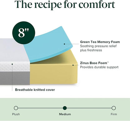 ZINUS 8 Inch Green Tea Essential Memory Foam Mattress [New Version], Full, Fiberglass Free, Medium Feel, Breathable Airflow Memory Foam, Certified Safe Foams & Fabric, Mattress in A Box