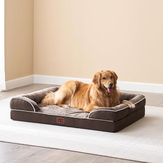 EHEYCIGA Orthopedic Dog Beds for Large Dogs, Waterproof Memory Foam Large Dog Bed with Sides, Non-Slip Bottom and Egg-Crate Foam Pet Couch Bed with Washable Removable Cover, Brown-Mewly Pet