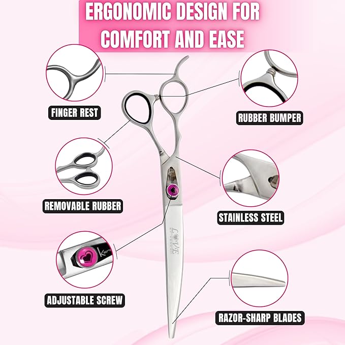 Kenchii Love Dog Grooming Scissors, 8 Inch Curved Shears, Dog Scissors for Grooming, Professional Pet Grooming Scissors-Mewly Pet