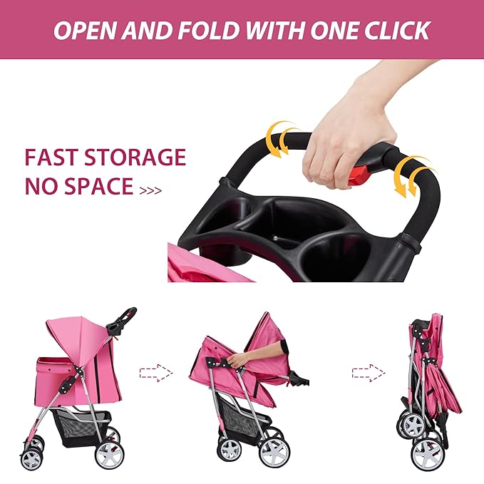 4 Wheels Pet Stroller for Small Medium Dogs Cats 10-33 lbs, Foldable Dog and Cat Stroller with Cup Holder & Storage Basket & Breathable Mesh, Pet Strolling Cart for All-Season, Pink-Mewly Pet