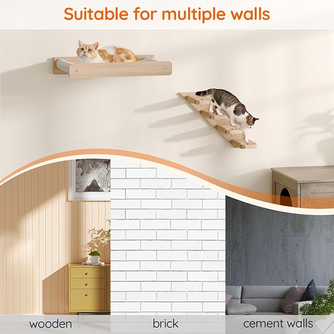 HOOBRO Cat Wall Shelf Set of 2, Wall Mounted 4-Level Cat Steps with Jute Scratching Steps, Hammock Wall Mounted, Holds up to 40 lb, Cat Wall Furniture, for Playing, Natural NL41CS03-Mewly Pet