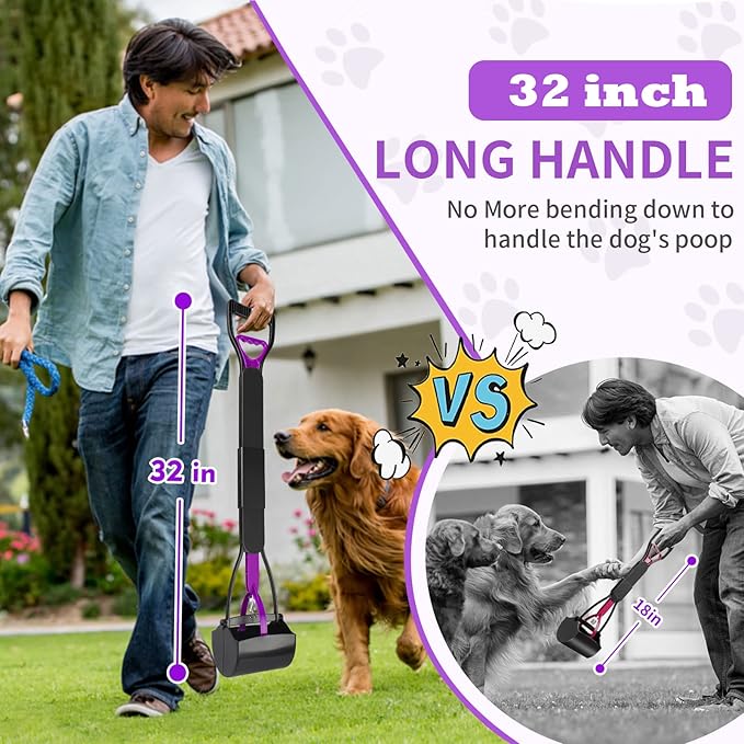 UPSKY 32'' Pooper Scooper for Large Small Dogs, Long Handle Dog Poop Scooper with Waste Bags, Portable Dog Poop Pick Up Tool, Folding Poop Scoop for Yard, Grass, Dirt, Gravel-Mewly Pet