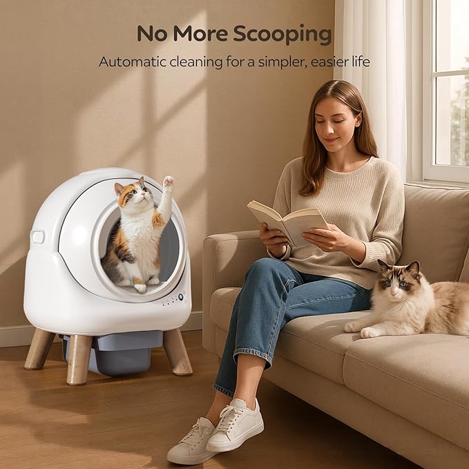 Self Cleaning Litter Box,Automatic Cat Litter Box for Multiple Cats,Robot with APP Control,Dual Safety Protection,Odor-Free Waste Disposal Includes Trash Bags,White-Mewly Pet