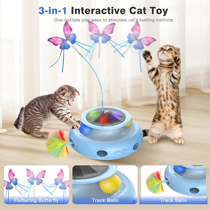 Automatic Interactive Cat Toys for Indoor Cats & Bored Adults - Kitten Toys with Fluttering Butterfly, Ambush Feather & Track Balls - Exercise & Stimulation for Playful Cats (Sky Blue)-Mewly Pet