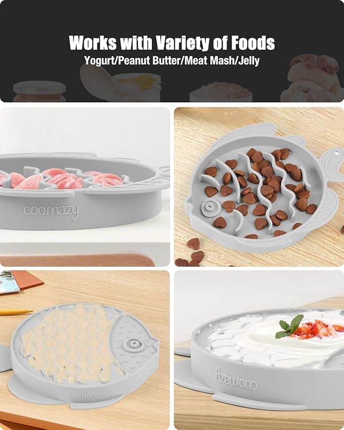 Coomazy 2-in-1 Silicone Slow Feeder Dog Cat Bowls, Interactive Puzzle Toy for Pets Dry/Wet Food Training, Keeps Dogs Cats Busy, Prevents Puppy Kitty Overeating (Smoky Gray, 1.2 Cup)-Mewly Pet