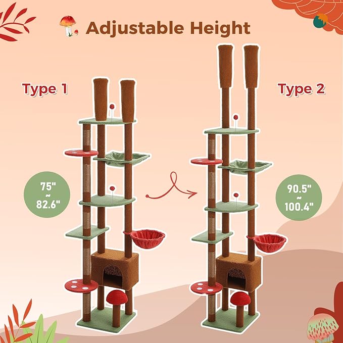 PEQULTI Mushroom Cat Tree Floor to Ceiling Cat Tower Adjustable Height (90.5''-100.4'' = 230cm-252cm) with Cat Condo, Cozy Hammock and Scratching Post, Tall Activity Tree for Indoor Cats, Brown-Mewly Pet