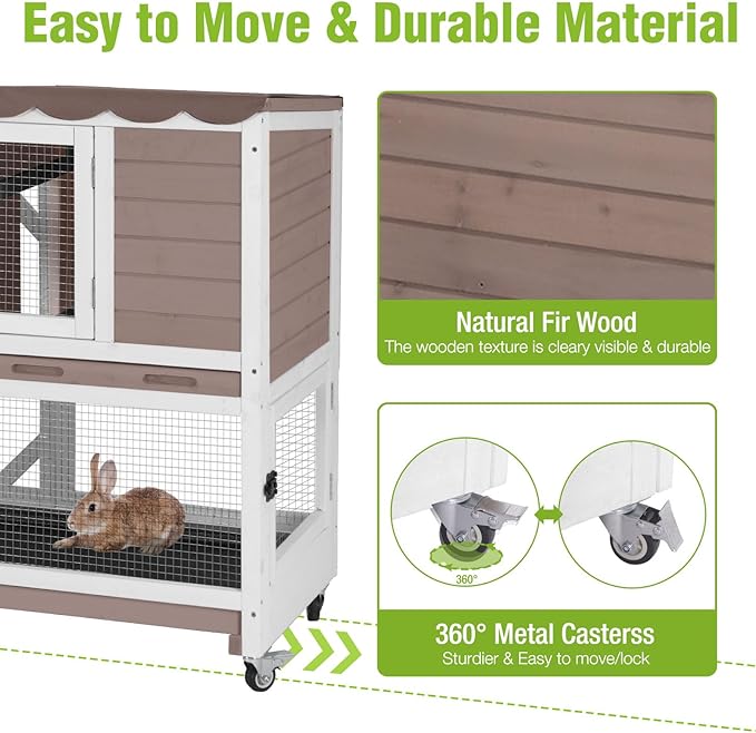 Wooden Rabbit Hutch with Two Story, Bunny Cage with Leak-Proof Trays, and Chew-Proof Ramp, Guinea Pig Cage with Wheels, Suitable for Indoor/Outdoor Use (Brown)-Mewly Pet
