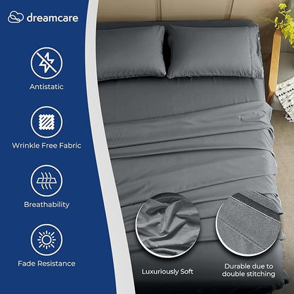 DREAMCARE Full Size Sheets – 4 pcs Cooling Sheets – up to 21” Deep Full Sheet Set – Hotel Luxury Sheets & Pillowcases – Superior Softness 100% Fine Microfiber with Side Pocket – DGray