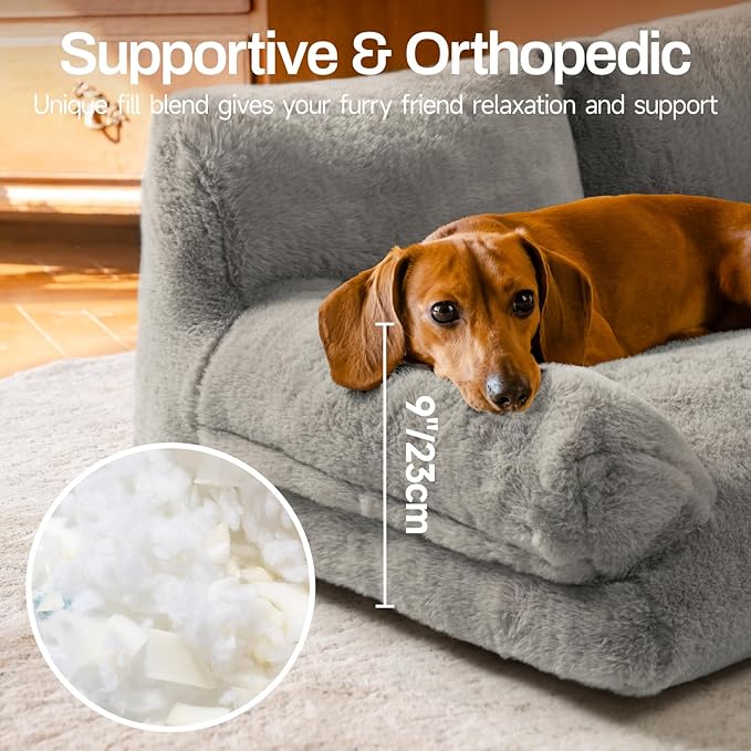 MEWOOFUN Cat Bed for Indoor Cats, Washable Dog Beds for Small Medium Dogs & Cats, Fluffy Cat Couch with Non-Slip Bottom (Grey, 33.5" L x 25.6" W x 11.5" Th)-Mewly Pet
