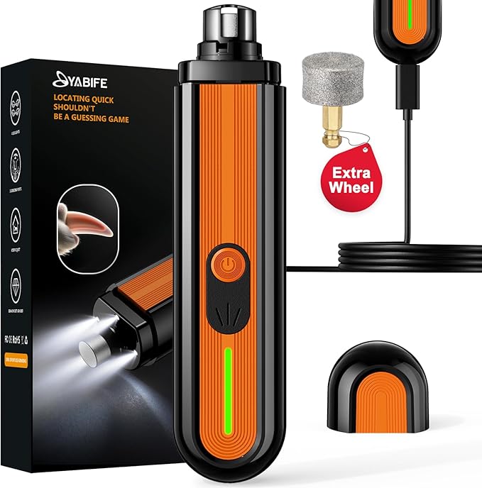 YABIFE 4-Lights Dog Nail Grinder, Easy Quick Locate Dog Nail Trimmers, for Puppy Paw Toenails or Pets from Small, Medium to Large, with Travel Lock, Whisper Quiet, Heavy Duty 3 Speeds-Mewly Pet