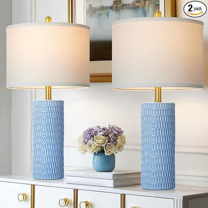 27" Blue Ceramic Lamps Set of 2, Coastal Ceramic Table Lamps for Living Room with Rotary Switch, Classic Bedside Lamp for Nightstand, Tall Lamps for Bedroom Side End Table Home Decor