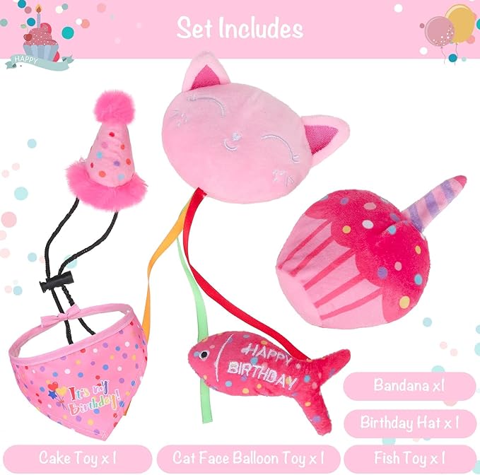 BINGPET Catnip Toys for Indoor Cats, Cat Birthday Hat and Interactive Plush Kitten Chew Toys - Cute Cake, Fish, Balloon Toys with Crinkle Paper and Catnip Inside Pink-Mewly Pet