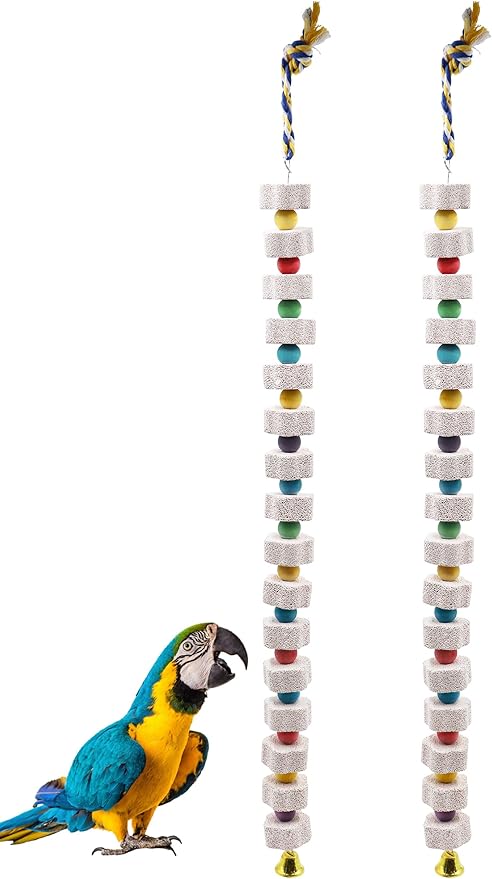 2 Pack 27 Inches Extra Long Bird Chewing Toy, Parrot Beak Grinding Calcium Stone with Bells, Bird Cage Accessories, Cage Toys for Cockatiel Parakeet Parrot Budgies Rat Hamster Rabbit African Grey-Mewly Pet