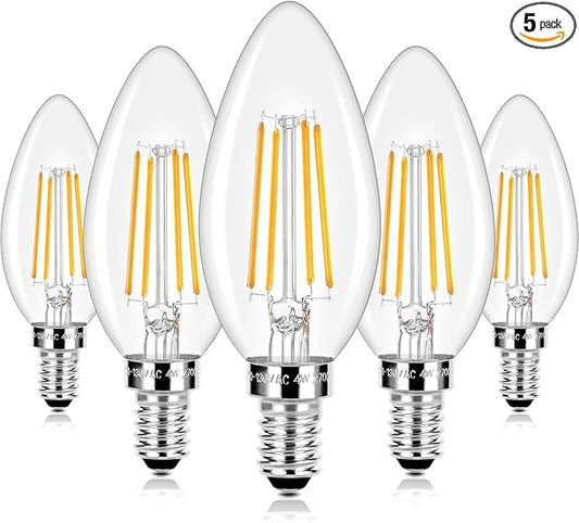 E12 LED Candelabra Bulbs 40 Watt Equivalent, 4W Vintage Candle Light Bulbs, 470Lm Warm White 2700K Edison Bulbs for Ceiling Fan, Filament Clear Glass Type B Lamp Bulbs for Chandelier (5 Packs)