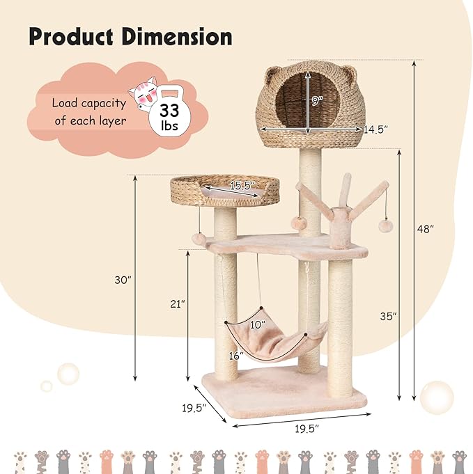 PETSITE Woven Cat Tree, Modern Cat Tower with Hammock & Scratching Posts, Cattail Condo & Top Perch, Cat Activity Tree for Indoor Cats-Mewly Pet